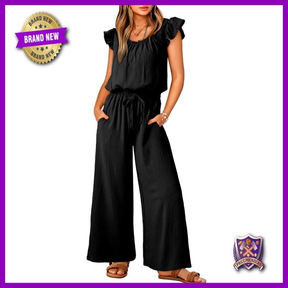 Summer Jumpsuit with Ruffle Sleeves Square Neck Drawstring Waist Pockets
